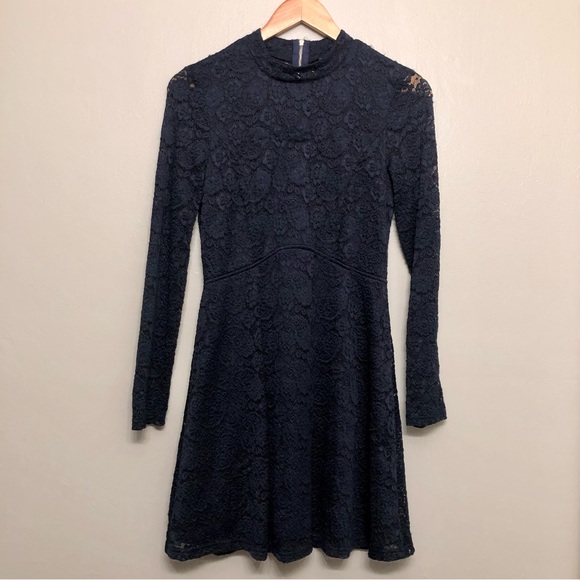 Lulu’s “Give it a Glance” Navy Lacy Mockneck Dress - Picture 2 of 9